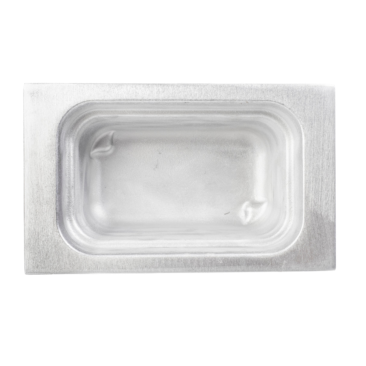 A rectangular, shallow, empty cast aluminum food pan viewed from above. The tray has rounded corners and a smooth, slightly textured surface with indents in two corners. The metallic sheen suggests durability for cold holding applications.