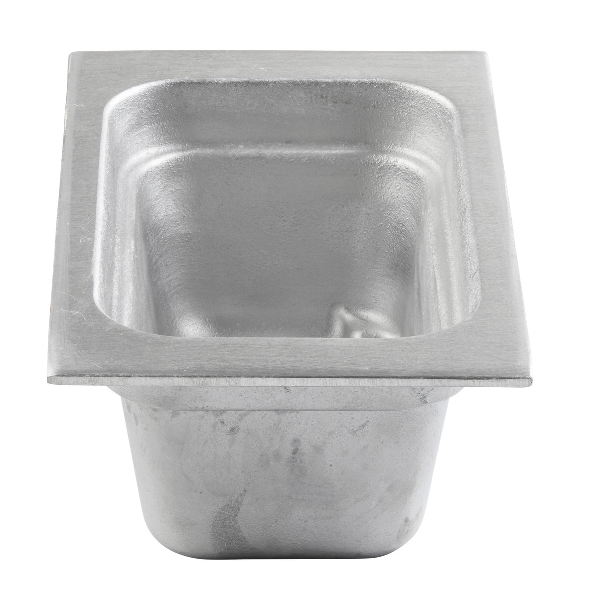 A cast aluminum food pan with a square bottom and sleek silver finish, perfect for cold holding.