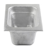 A cast aluminum food pan with a square bottom and sleek silver finish, perfect for cold holding.