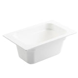 A rectangular, white plastic food pan with straight sides and rounded corners. Designed for cold holding in food service or buffet setups, it features a wide rim and smooth, glossy finish. The background is plain white.