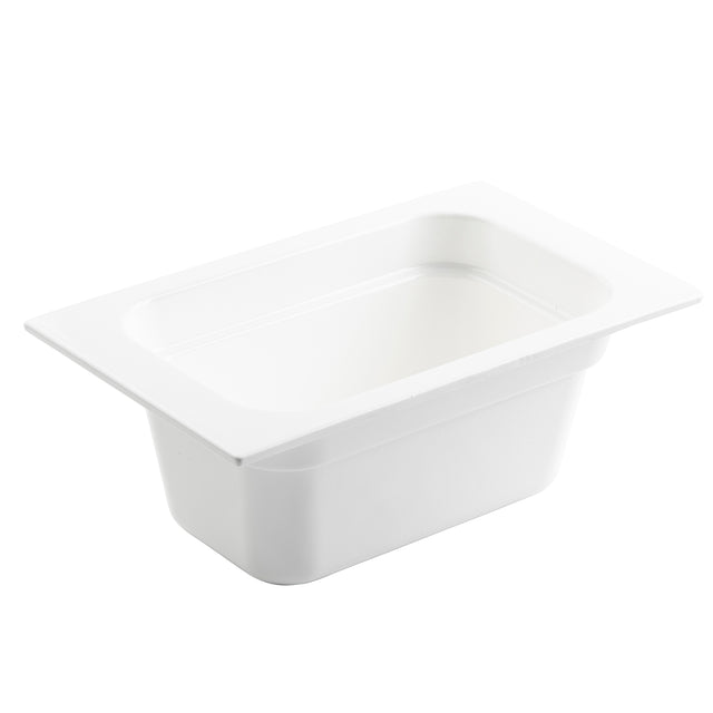 A rectangular, white plastic food pan with straight sides and rounded corners. Designed for cold holding in food service or buffet setups, it features a wide rim and smooth, glossy finish. The background is plain white.