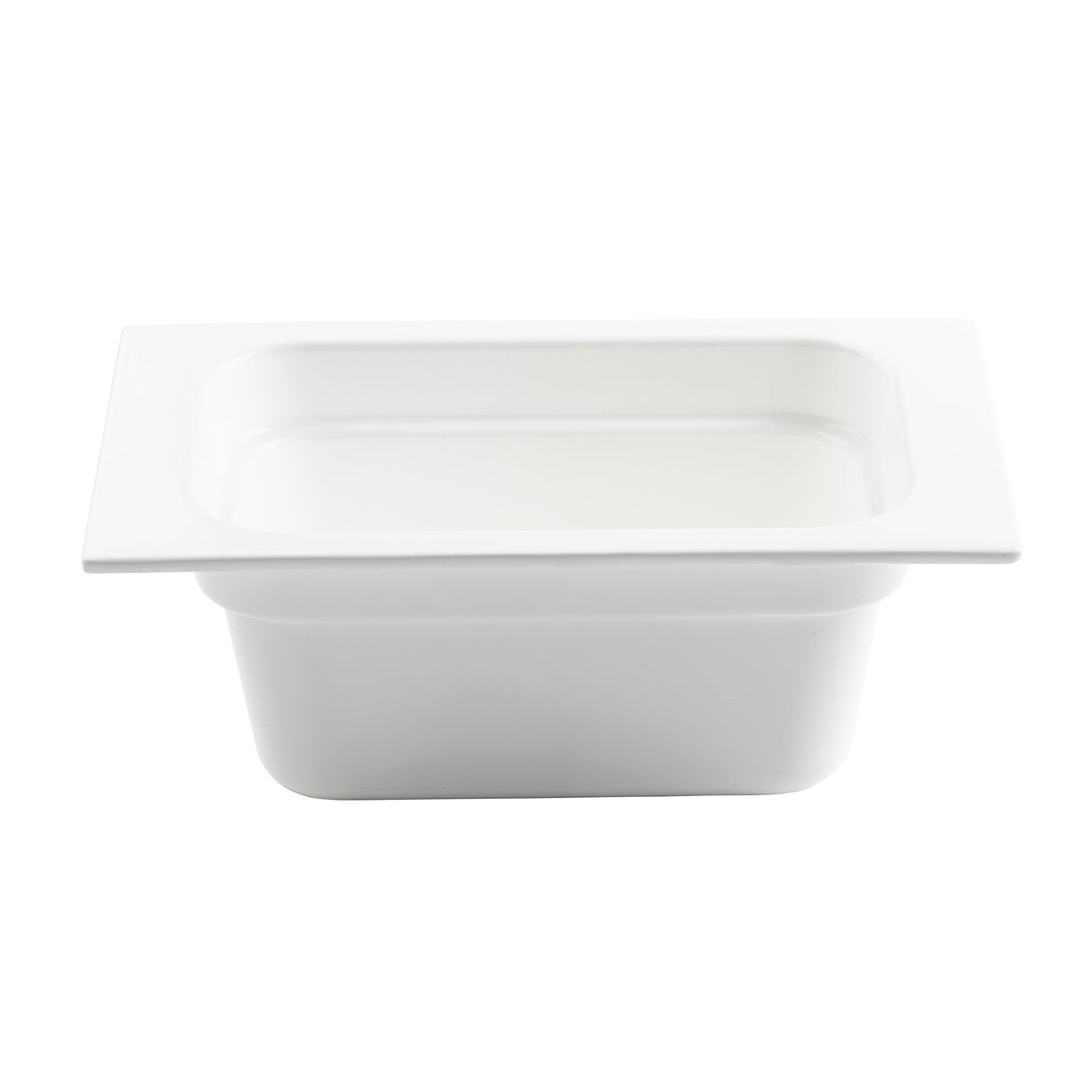 A white, rectangular, deep food pan with smooth sides, a flat rim, and rounded interior corners. The empty food pan is photographed against a plain white background, angled to show its depth and open top—ideal for cold holding applications.