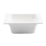 A white, rectangular, deep food pan with smooth sides, a flat rim, and rounded interior corners. The empty food pan is photographed against a plain white background, angled to show its depth and open top—ideal for cold holding applications.