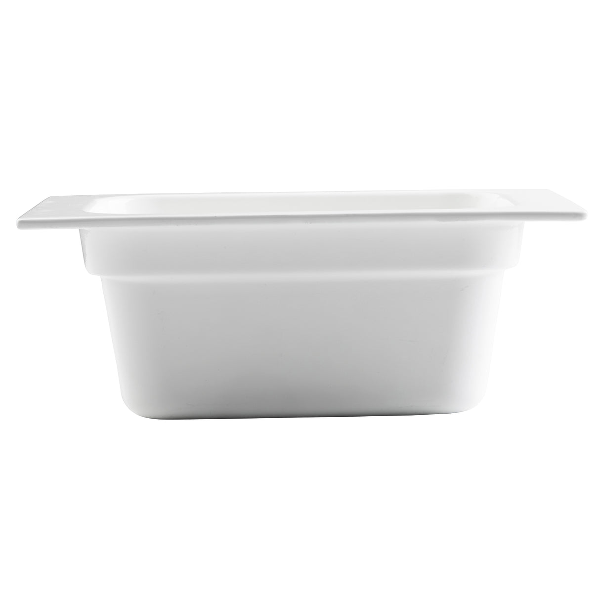 A plain white rectangular Food Pan is shown from the side against a white background. The container has straight sides, a flat rim extending outward, and no visible lid or labels, making it ideal for cold holding applications.