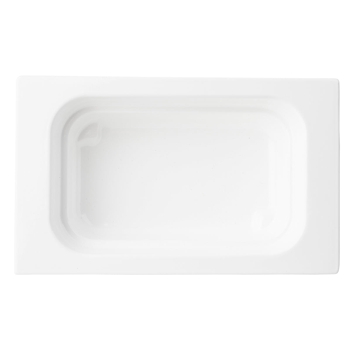 A rectangular white bathtub seen from above, featuring smooth, rounded edges and a flat rim. The interior has gentle curves and a built-in ledge on one corner, much like the sleek design of a cast aluminum food pan. The plain white background keeps the focus central.