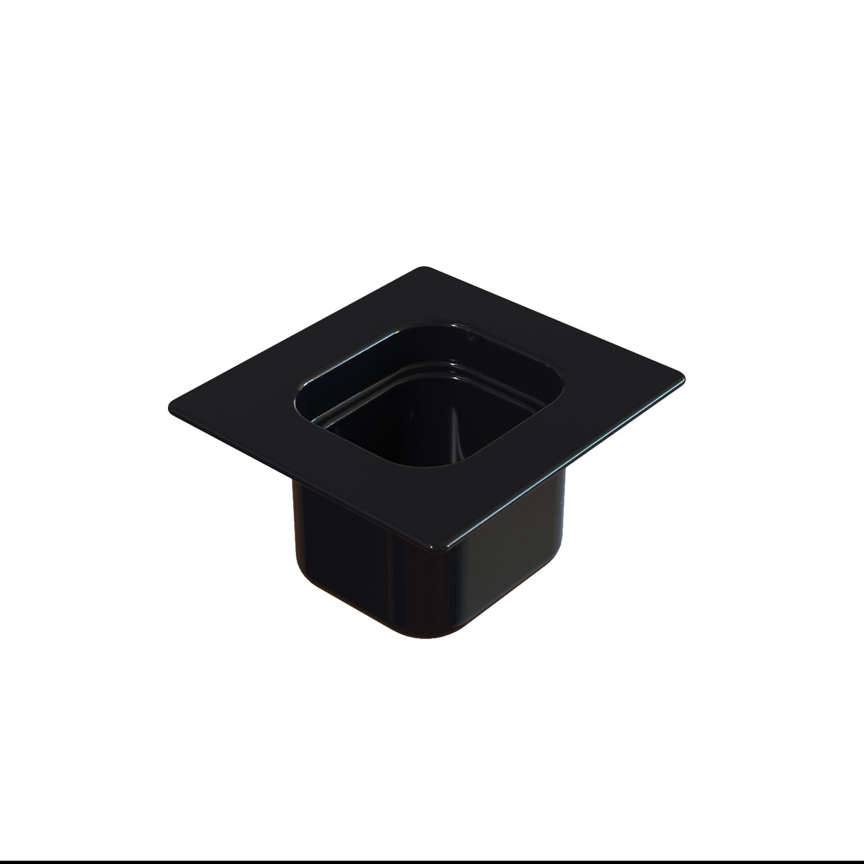 A black, square-shaped plastic Steam Table Pan with a wide rim and deep basin, shown on a plain white background. The container has rounded corners and is ideal for food storage, serving, or cold holding in commercial kitchens.