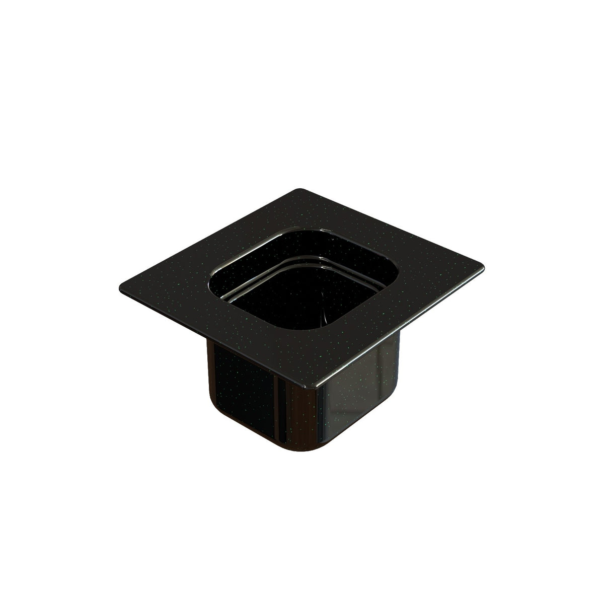 A black, square plastic sixth size steam table pan with rounded corners and high sides, viewed from a slightly elevated angle on a white background. The pan has a glossy finish, wide top lip, and is ideal for cold holding applications.