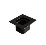 A black, square plastic sixth size steam table pan with rounded corners and high sides, viewed from a slightly elevated angle on a white background. The pan has a glossy finish, wide top lip, and is ideal for cold holding applications.