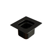 A black, square plastic sixth size steam table pan with rounded corners and high sides, viewed from a slightly elevated angle on a white background. The pan has a glossy finish, wide top lip, and is ideal for cold holding applications.