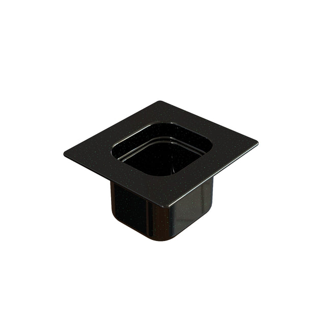 A black, square plastic sixth size steam table pan with rounded corners and high sides, viewed from a slightly elevated angle on a white background. The pan has a glossy finish, wide top lip, and is ideal for cold holding applications.