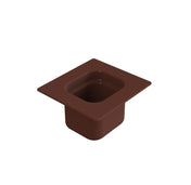 A brown, square-shaped cast aluminum container with rounded edges, featuring a wide, flat rim and open top. This sixth size Steam table pan sits on a white background and has a deep interior, resembling a small bin or food pan.