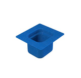 A blue plastic container with a deep square base and wide, flat rim, resembling a graduation cap without a tassel. Perfect for cold holding, its smooth surface and vibrant color stand out against the plain white background.