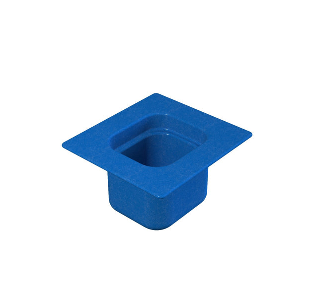 A blue plastic container with a deep square base and wide, flat rim, resembling a graduation cap without a tassel. Perfect for cold holding, its smooth surface and vibrant color stand out against the plain white background.