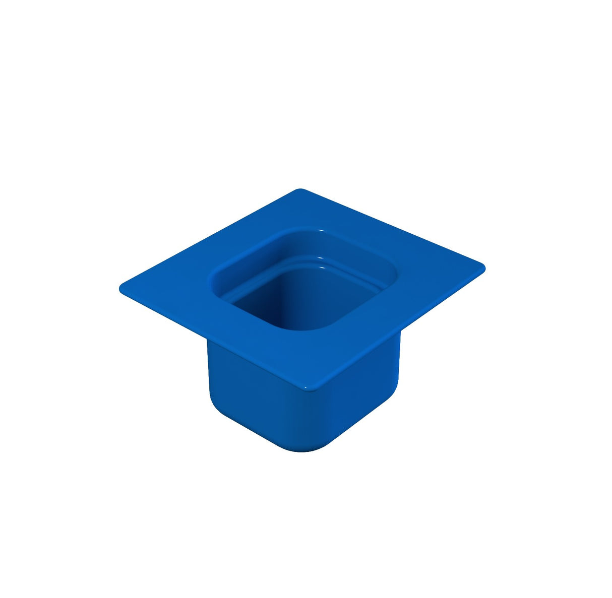 A blue plastic cold holding pan with a square, flat rim and a deep, rectangular basin, photographed against a white background. The simple, functional design is ideal for storage or food service.