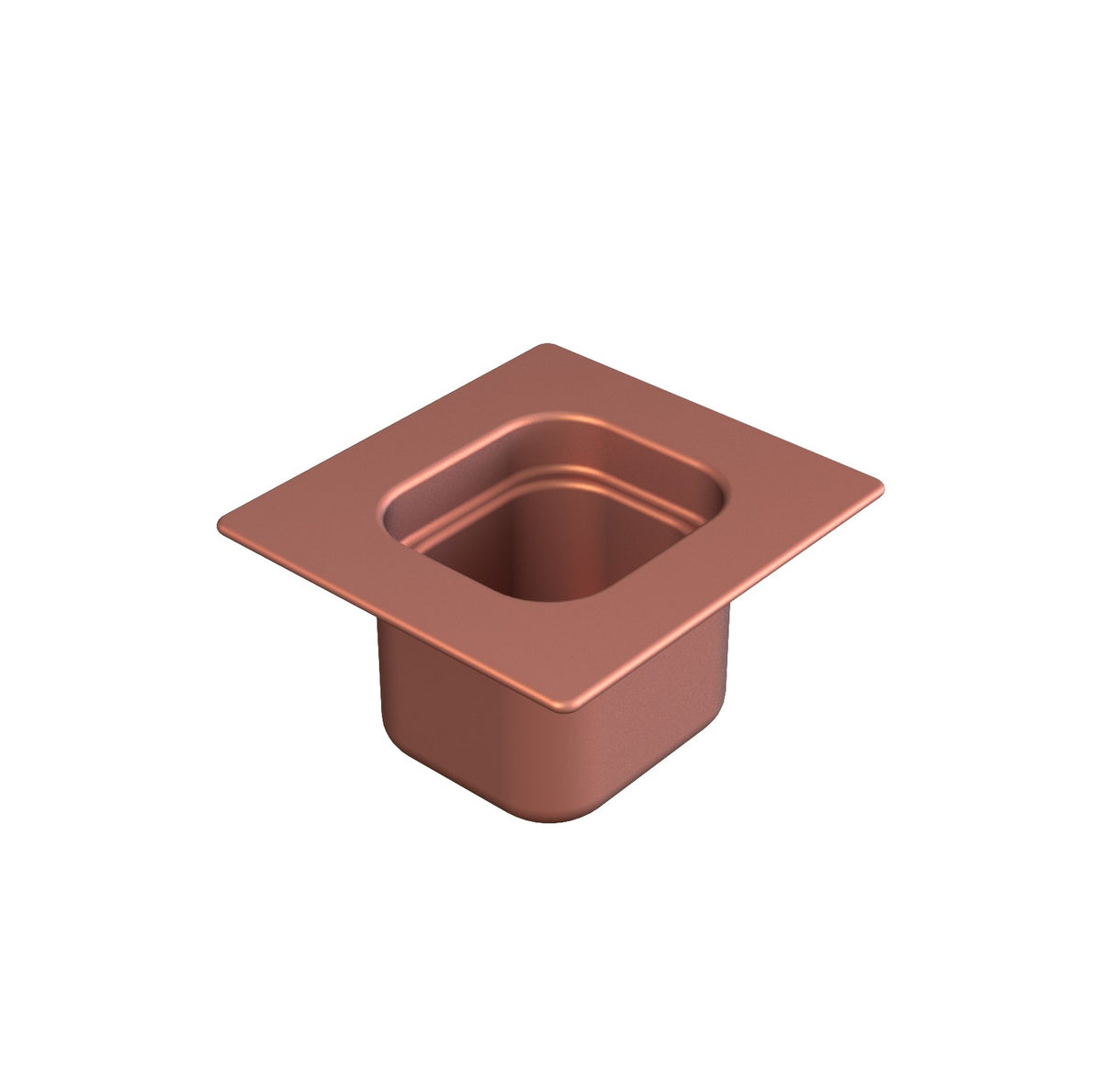 A square, copper-colored cast aluminum container with rounded edges and a wide flat rim, viewed angled from above on a white background. The container’s interior is hollow, and its outer surface is smooth and reflective.