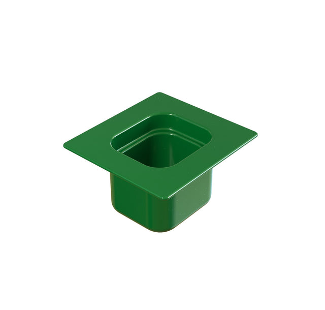 A green, square-shaped plastic container with rounded inner edges and a wide, flat rim, ideal for cold holding. The container appears empty and is set against a plain white background.