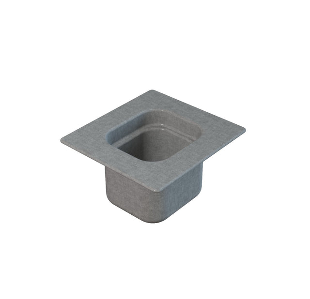 A square, gray cast aluminum sink with rounded inner corners and a wide, flat rim, isolated on a white background. The deep basin has smooth surfaces, resembling a sixth size steam table pan, and is suitable for installation in a countertop.