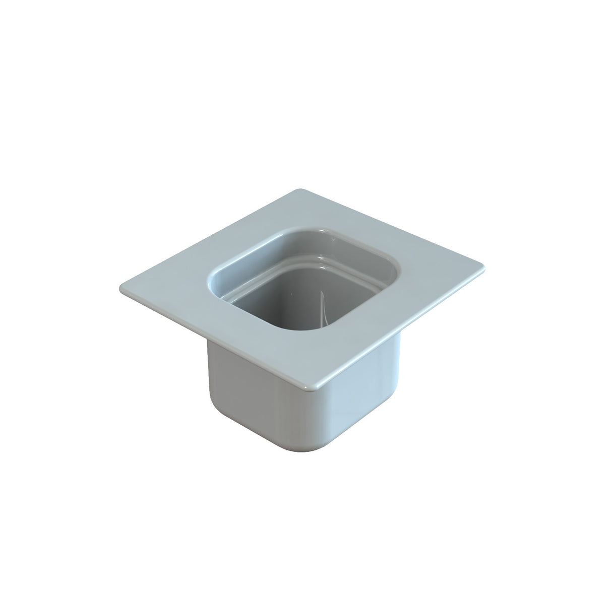 A square, white, plastic steam table pan with a wide, flat rim and a recessed, deep center. The container features smooth edges and a glossy finish, ideal for cold holding, shown isolated on a plain white background.