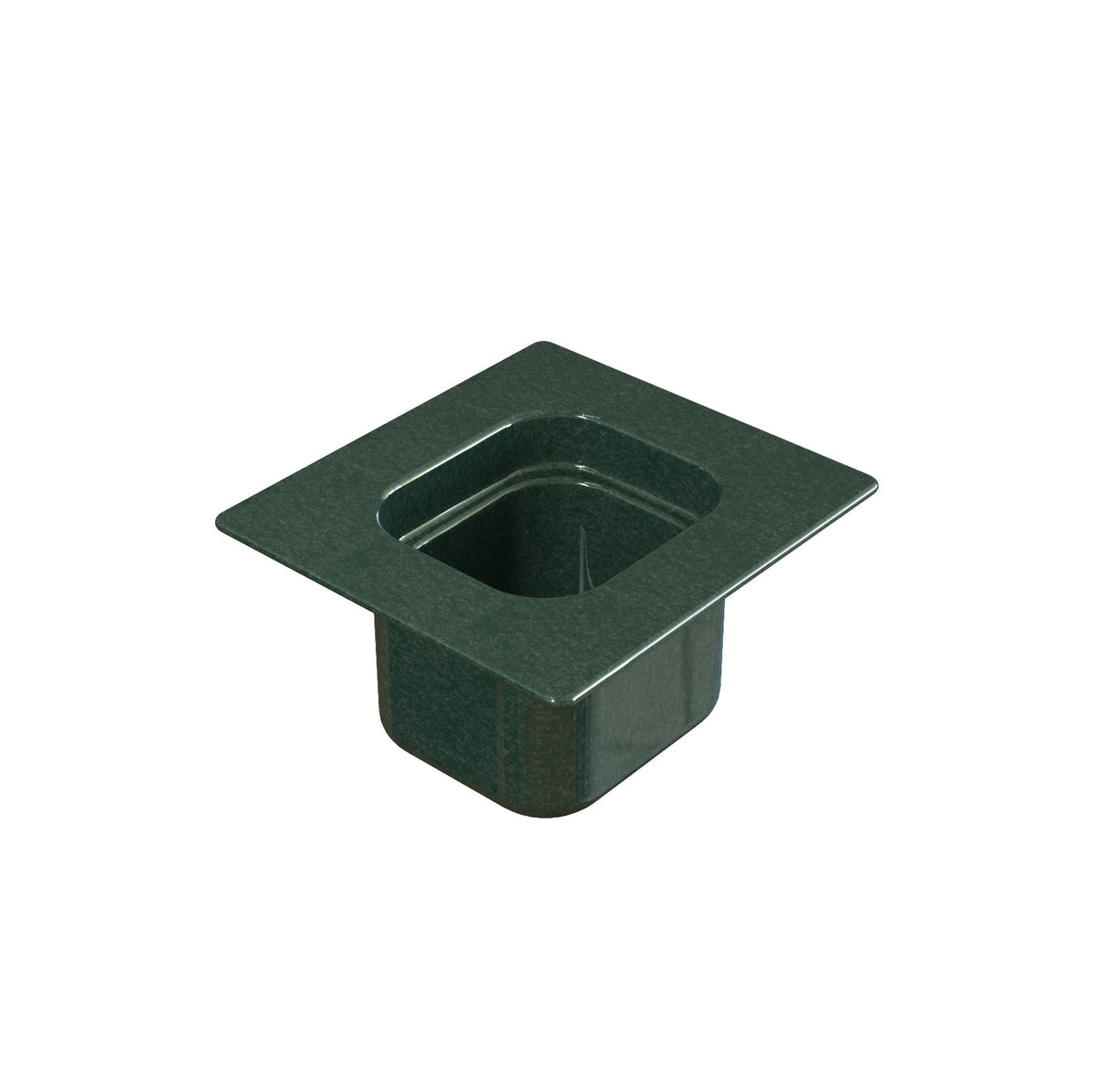 A dark green, rectangular floral foam insert with a wide, flat rim, shaped to fit a sixth size pan. The foam is designed for holding and supporting flower stems and sits against a plain white background with a smooth texture and hollow center.