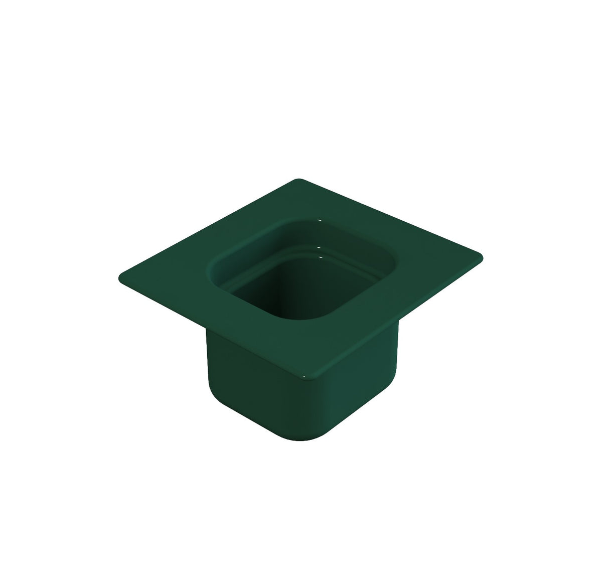 A dark green, square-shaped, deep plastic container with a wide flat rim sits on a white background. Reminiscent of a steam table pan, it’s designed for holding floral foam or similar materials, perfect for flower arranging.