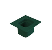 A dark green, square-shaped, deep plastic container with a wide flat rim sits on a white background. Reminiscent of a steam table pan, it’s designed for holding floral foam or similar materials, perfect for flower arranging.