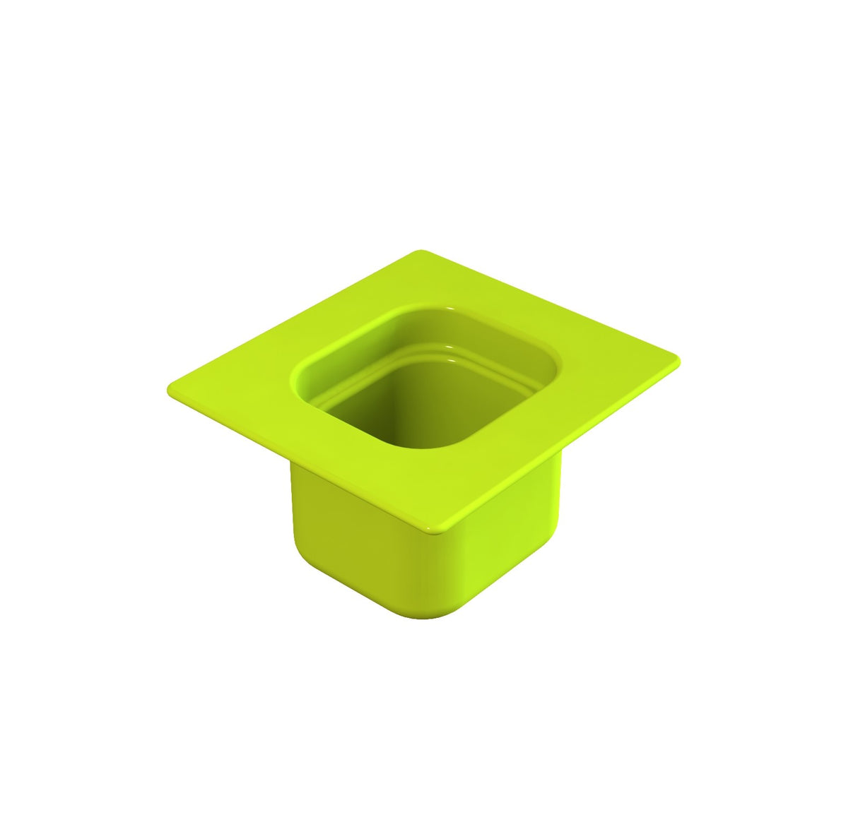 A bright green, square-shaped plastic container with a wide, flat rim and rounded inner edges, designed for cold holding. The deep rectangular opening and smooth surfaces are shown against a plain white background.