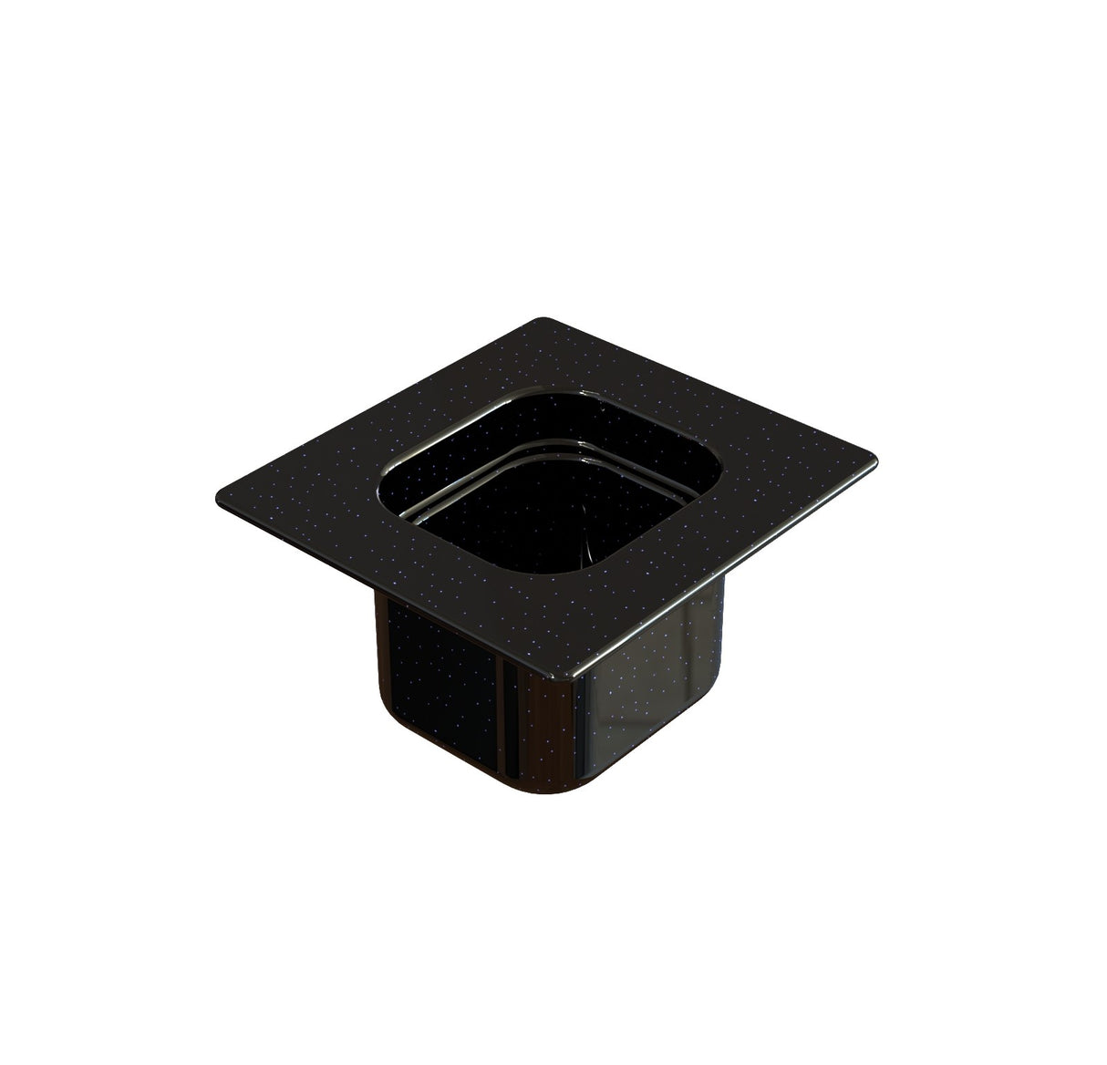 A square, black sixth size pan with a wide rim and deep basin sits on a white background. The shiny surface reflects light and has subtle speckles. This steam table pan is clean and ideal for food service or buffet setups.