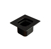 A square, black sixth size pan with a wide rim and deep basin sits on a white background. The shiny surface reflects light and has subtle speckles. This steam table pan is clean and ideal for food service or buffet setups.