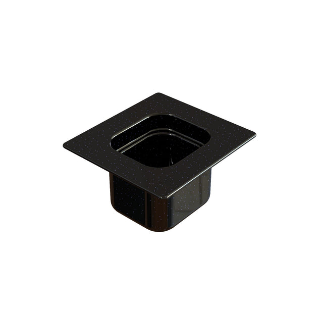 A square, black sixth size pan with a wide rim and deep basin sits on a white background. The shiny surface reflects light and has subtle speckles. This steam table pan is clean and ideal for food service or buffet setups.