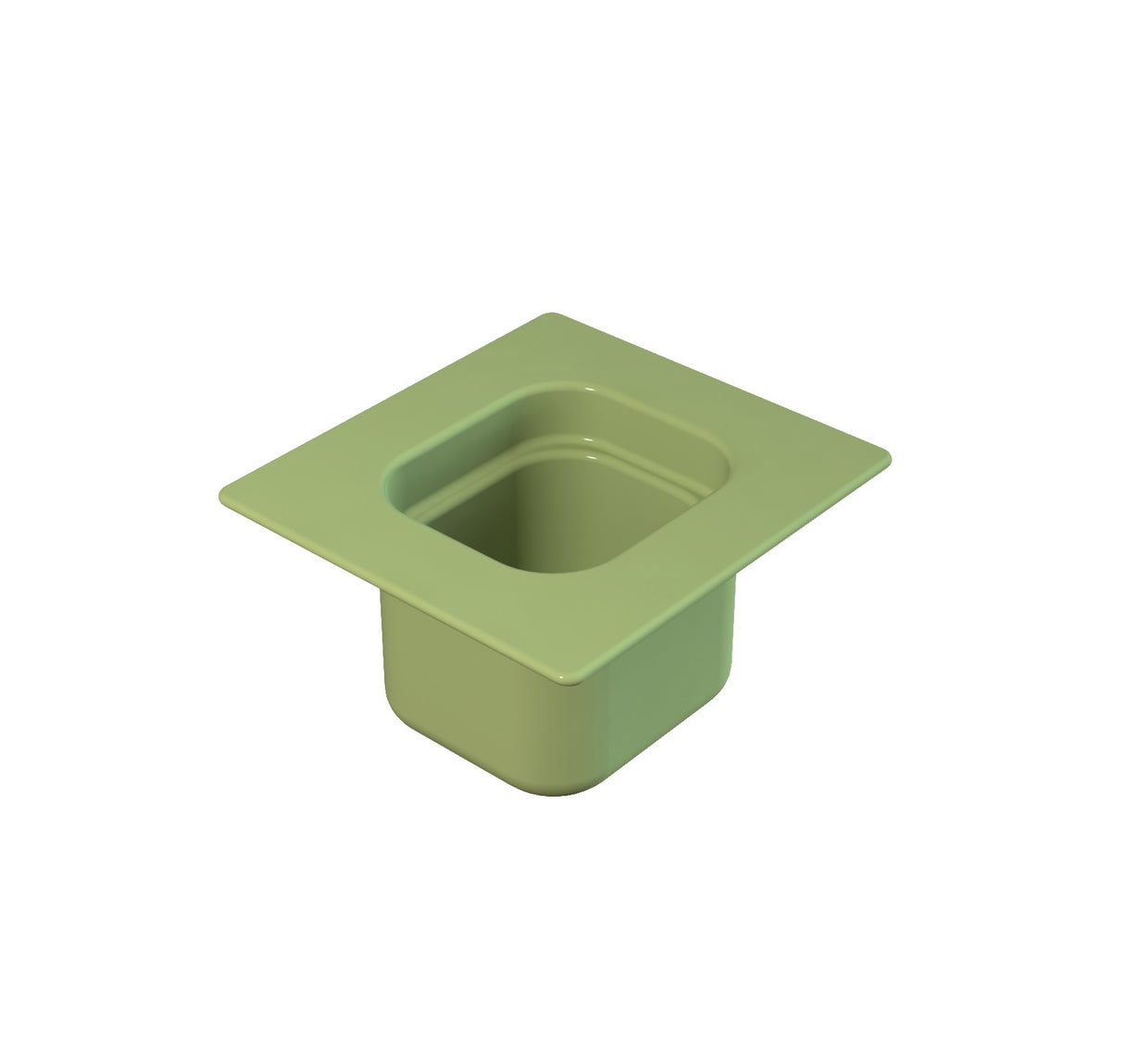 A light green, square-shaped plastic container with a wide rim and a deep, rectangular inner compartment, similar to a sixth size steam table pan. The smooth, glossy surface is set against a plain white background.
