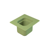 A light green, square-shaped plastic container with a wide rim and a deep, rectangular inner compartment, similar to a sixth size steam table pan. The smooth, glossy surface is set against a plain white background.
