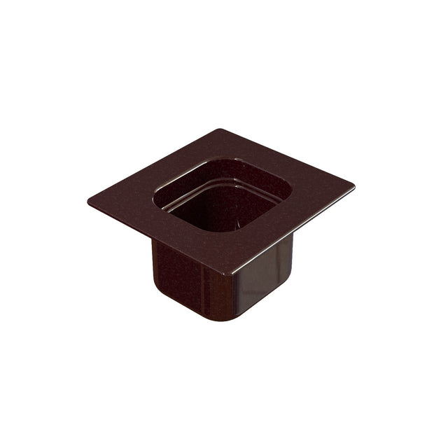 A deep, square-shaped, dark brown steam table pan with a flat rim, designed for commercial kitchen or buffet use. The sides are straight, the interior is smooth, and it’s ideal for cold holding. The empty pan sits on a white background.
