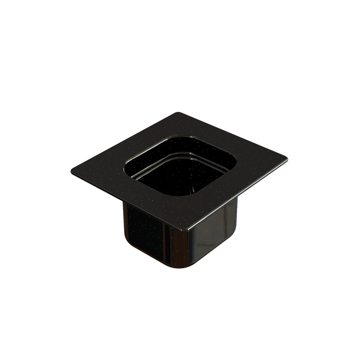 A black, square steam table pan made of plastic features a wide, flat rim and a deep, hollow center. Photographed on a white background, the container displays a shiny surface and rounded inner edges.