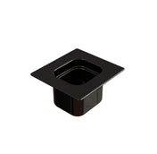 A black, square steam table pan made of plastic features a wide, flat rim and a deep, hollow center. Photographed on a white background, the container displays a shiny surface and rounded inner edges.