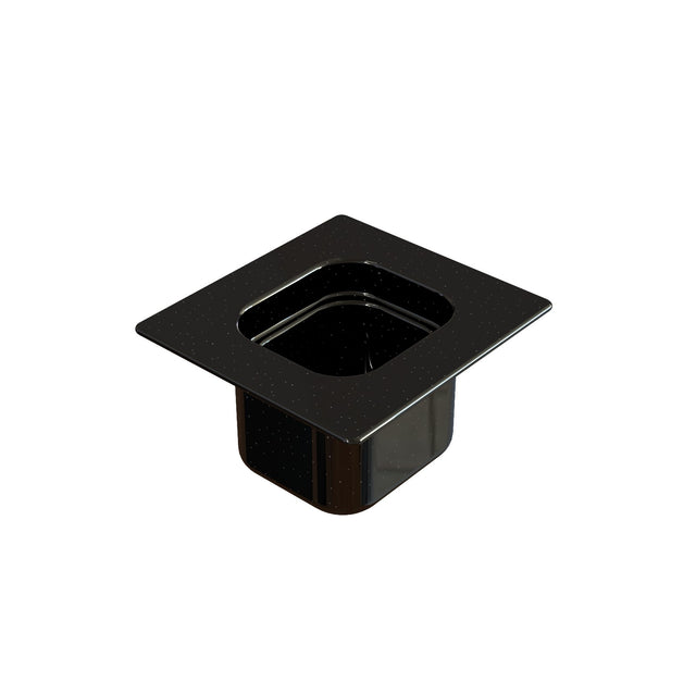 A black, square steam table pan made of plastic features a wide, flat rim and a deep, hollow center. Photographed on a white background, the container displays a shiny surface and rounded inner edges.
