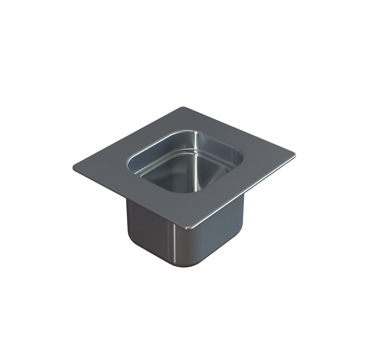 A stainless steel steam table pan with rounded corners, high sides, and a wide flat rim. The pan is empty and sits on a plain white background, its edges reflecting light—ideal for cold holding or buffet service.