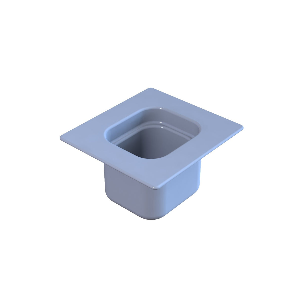 A light gray, square-shaped steam table pan with rounded edges and a wide, flat rim, viewed from an angle above. The sixth size container has smooth sides and an open top, set against a plain white background.