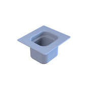 A light gray, square-shaped steam table pan with rounded edges and a wide, flat rim, viewed from an angle above. The sixth size container has smooth sides and an open top, set against a plain white background.
