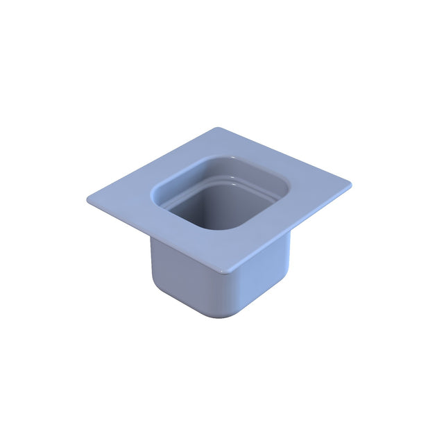 A light gray, square-shaped steam table pan with rounded edges and a wide, flat rim, viewed from an angle above. The sixth size container has smooth sides and an open top, set against a plain white background.