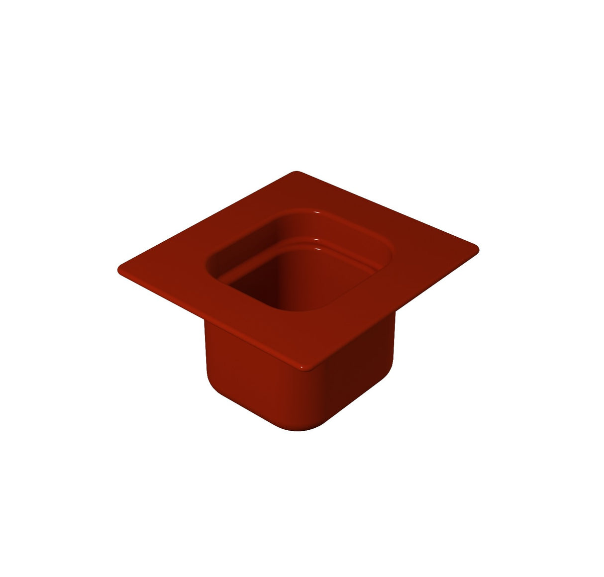 A red, square-shaped plastic container with rounded edges and a wide rim, shown on a white background. Reminiscent of a sixth size Steam Table Pan, it appears empty and is viewed from a slightly elevated angle to highlight its depth and open top.