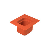 A square, orange plastic container with a wide, flat rim and an open top. Designed for cold holding, its edges are rounded and it features a deep, rectangular basin. The background is plain white.