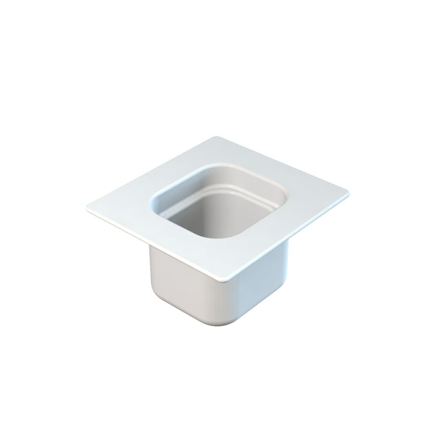 A white, rectangular plastic container with a wide, flat rim and rounded edges sits on a plain white background. Similar to a Steam Table Pan, it has smooth sides and an open top, ideal for cold holding or dispensing contents.