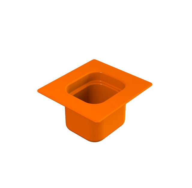 A bright orange, square-shaped plastic steam table pan with a wide, flat rim and a deep, rectangular opening. The container has smooth sides, sharp edges, and is photographed on a plain white background.