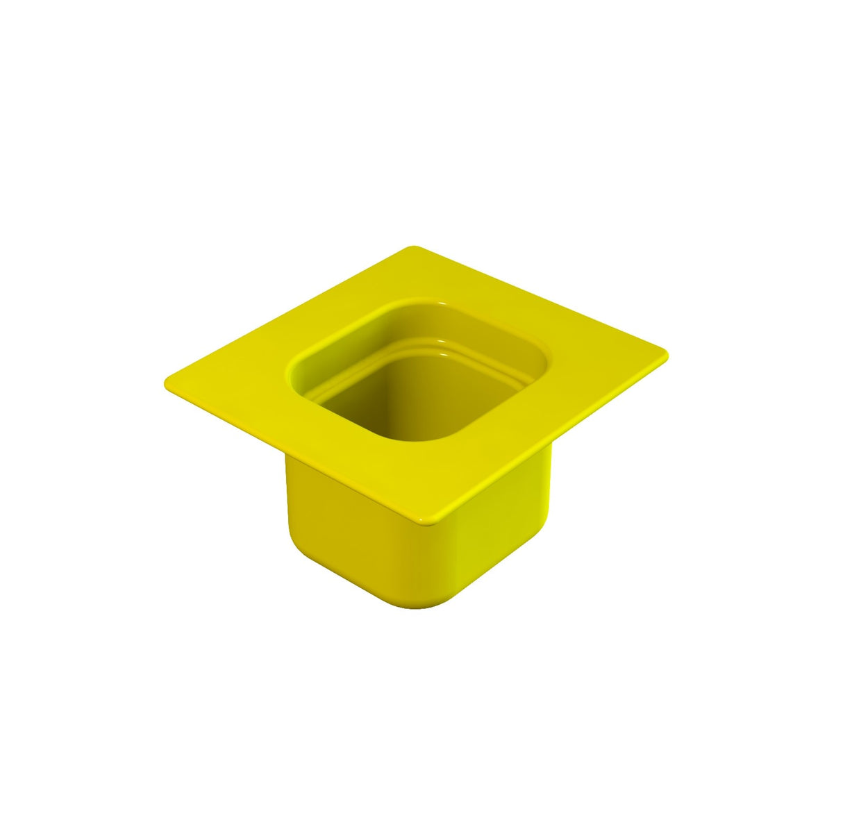 A yellow, square-shaped plastic steam table pan with a wide, flat rim and an open top. The sides are straight, the interior is hollow, and the design is simple and modern. The object is shown on a plain white background.