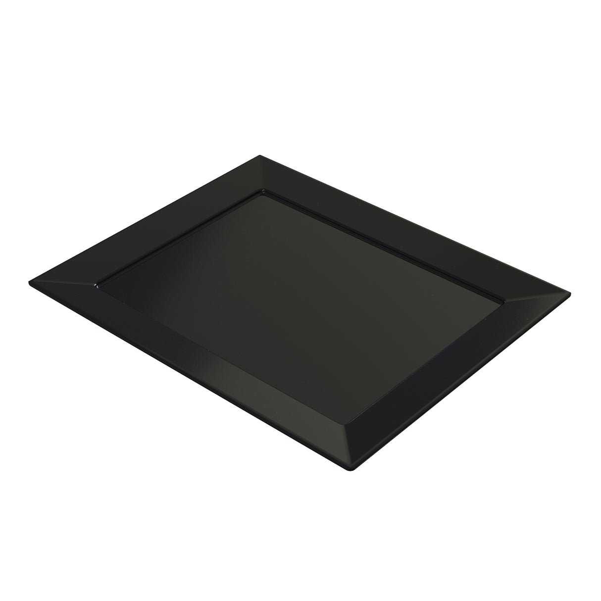A rectangular, glossy black cast aluminum platter with raised, angled edges and a flat center. This modern, minimalist cold holding platter features sleek lines and a reflective surface, perfect for serving and is dishwasher safe for easy cleaning.