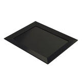 A rectangular, glossy black cast aluminum platter with raised, angled edges and a flat center. This modern, minimalist cold holding platter features sleek lines and a reflective surface, perfect for serving and is dishwasher safe for easy cleaning.