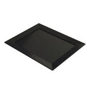 A rectangular, glossy black cast aluminum platter with raised, angled edges and a flat center. This modern, minimalist cold holding platter features sleek lines and a reflective surface, perfect for serving and is dishwasher safe for easy cleaning.