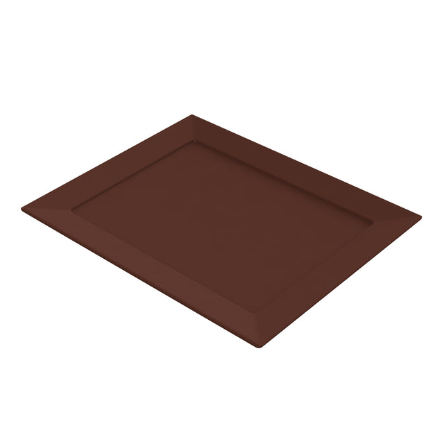 A rectangular platter with slightly raised, sloped edges, shown in a solid dark brown color. Made from Duracoat coated cast aluminum, the tray is empty and photographed on a white background at a slight angle to highlight its depth and simple design.