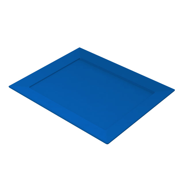 A blue rectangular cast aluminum platter displayed against a white background.