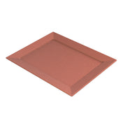A rectangular copper-colored cast aluminum platter with slightly raised, sloped edges and a smooth, matte finish. The empty tray is positioned at a slight angle against a white background, perfect for cold holding displays.